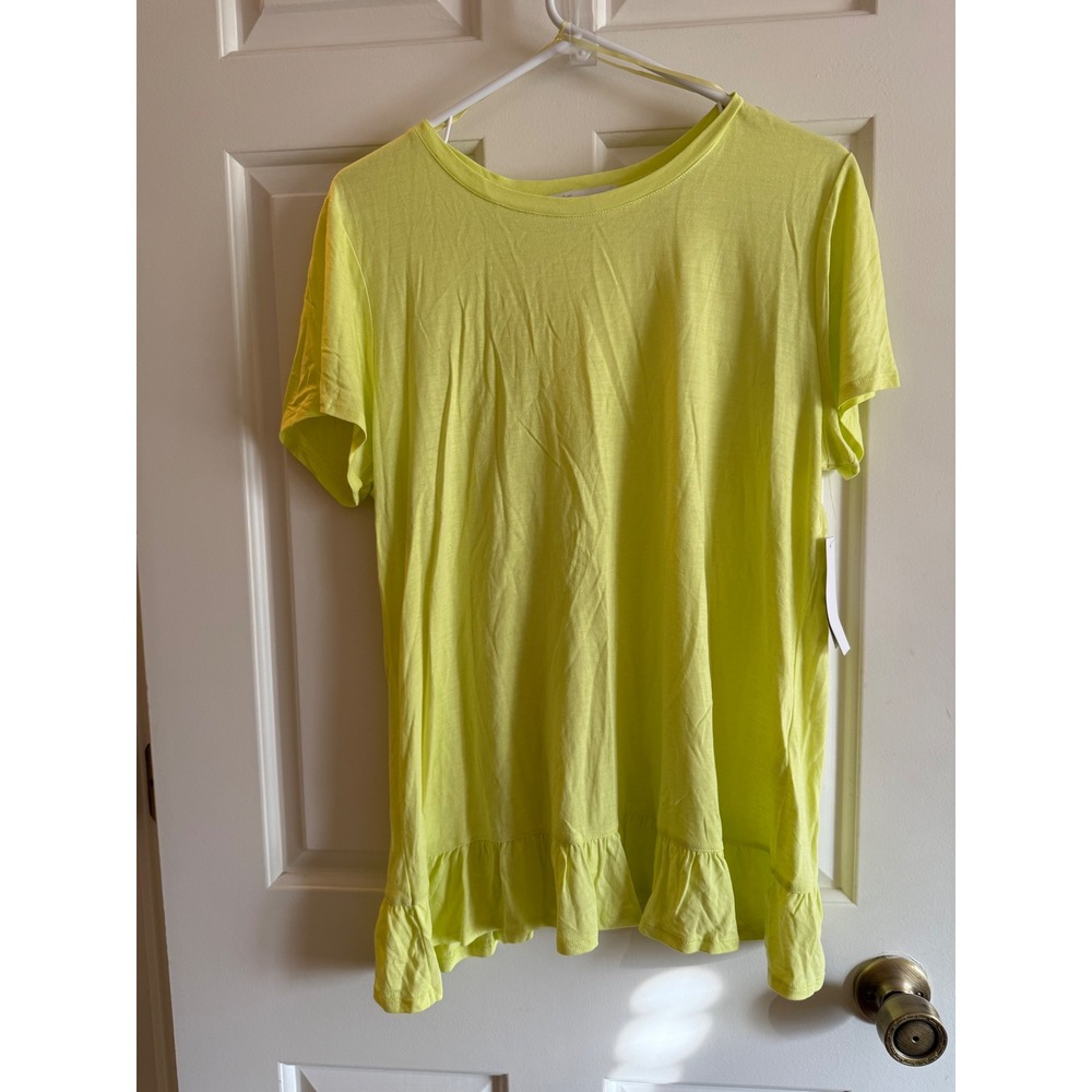 Fever Limelight Neon Yellow Ruffle Back Knit Top Short Sleeve Crew Neck Large